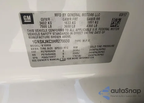 2017 Chevrolet Suburban Premier из США, поврежденный, VIN 1GNSKJKC3HR279930